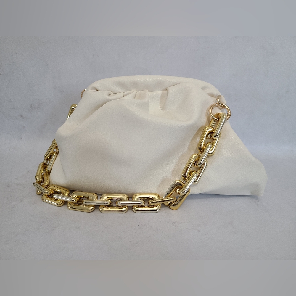 Faux Leather Dumpling Clutch with Chain Link Strap